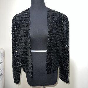 VTG Black Sequin Cropped Jacket Open Front Bolero 80s Glam Handmade ~Sz M-L